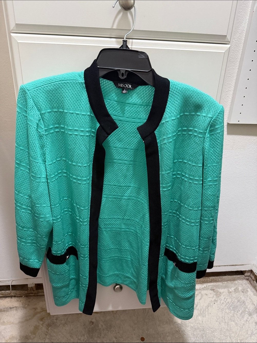 Misook Teal Knit Top with Black Trim